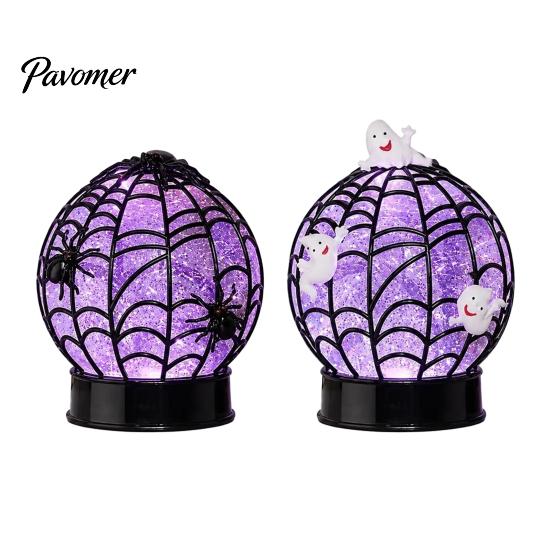 Spider Glitter Ball Lamp Halloween Ghost Lamp, Glowing Spiderweb Faux Crystal Sphere Light, Light Purple Glow Night for Holiday Party Table Decoration