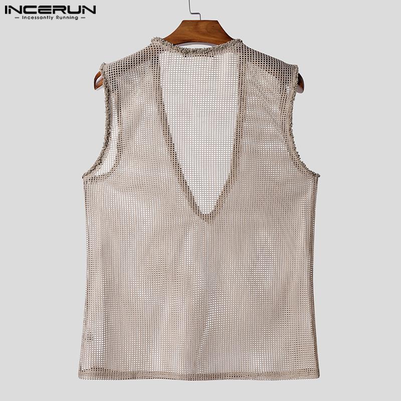 INCERUN Herren Tief V-Ausschnitt Ärmellos Durchsichtig Hohl Netz Tanktops