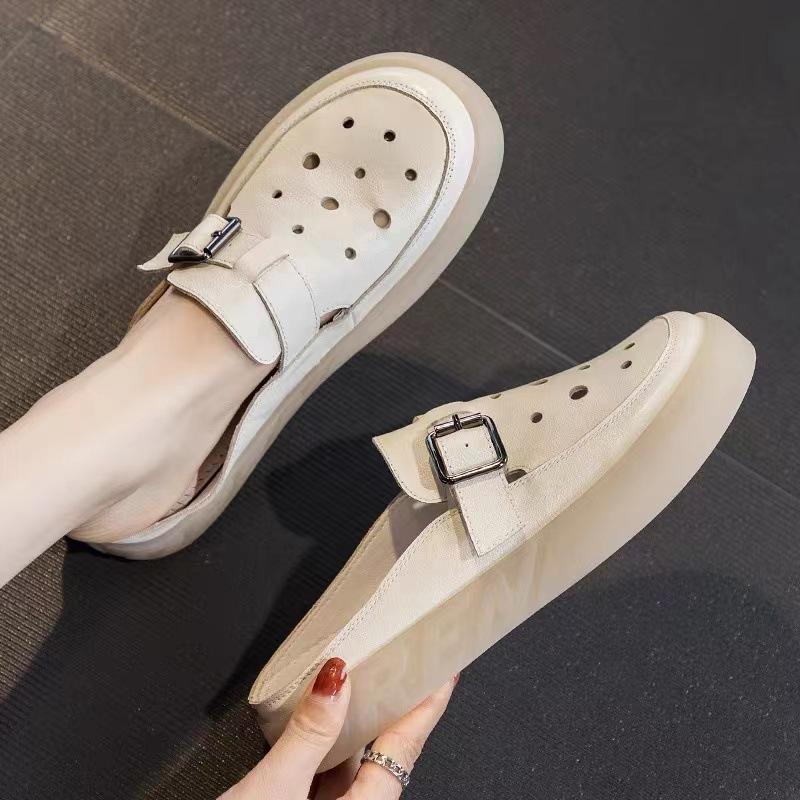 

Genuine leather bag head slippers women s summer new thick-soled retro hollow hole cold slippers outer slippers 41 бежевый