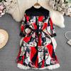Sukienka koszulowa Vintage Autumn Lapel Collar Wysokiej jakości damska jednorzędowa czerwona kwiatowa z nadrukiem Patchwork sznurowany pasek luźne ubrania