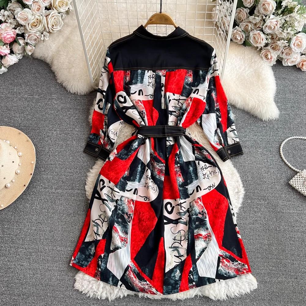 Sukienka koszulowa Vintage Autumn Lapel Collar Wysokiej jakości damska jednorzędowa czerwona kwiatowa z nadrukiem Patchwork sznurowany pasek luźne ubrania