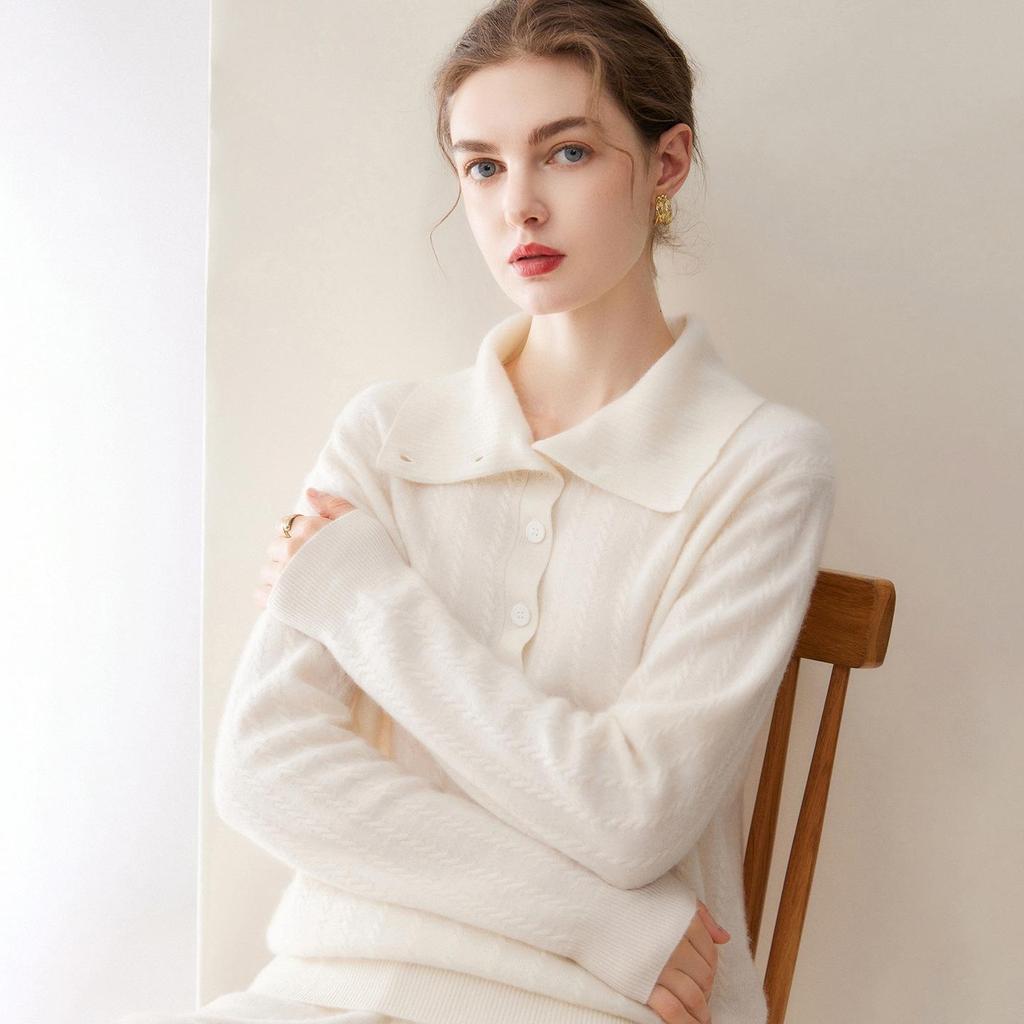 Kang Sai Ni Women's 100% Cashmere Lapel Sweater - Stylish, Simple Inner Knitwear