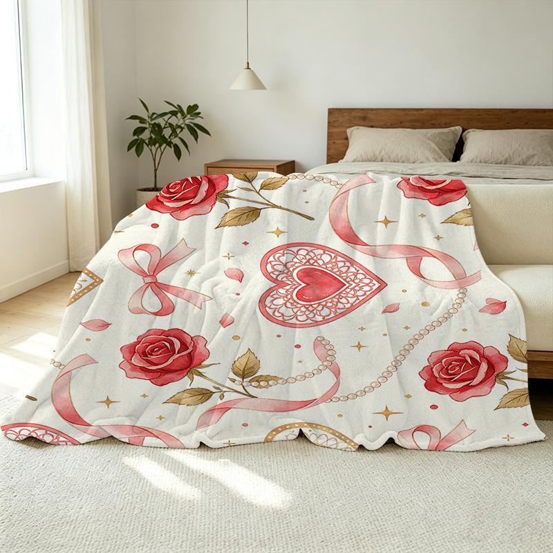 Lightweight Floral Heart Flannel Throw Blanket Super Soft, Skin-friendly, Cozy Warm Blanket for Home Relax, Perfect Valentine's Day Gift
