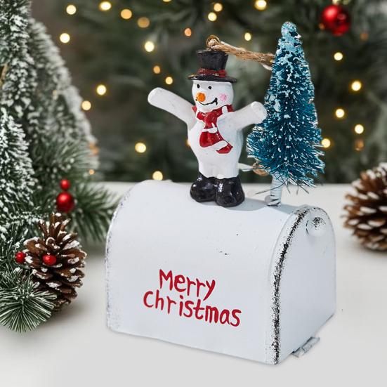Christmas Mailbox Ornament Metal Mailbox Hanging Decoration with 3D Snowman Santa Elk Tree Figurine Iron Art Letter Box for Tree Home Decor