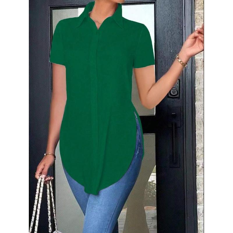 Women's Blouses Summer Casual White Short Sleeve Shirt Fashion OL Lapel Irregular Slim Shirts Women Clothing Streetwear Tops
