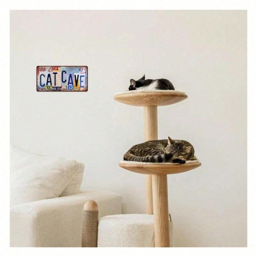 Vintage Cat Cave License Plate 5.9x11.8 Funny Tin Sign Wall Art, Feline Metal Tag for Bathroom Home Garage