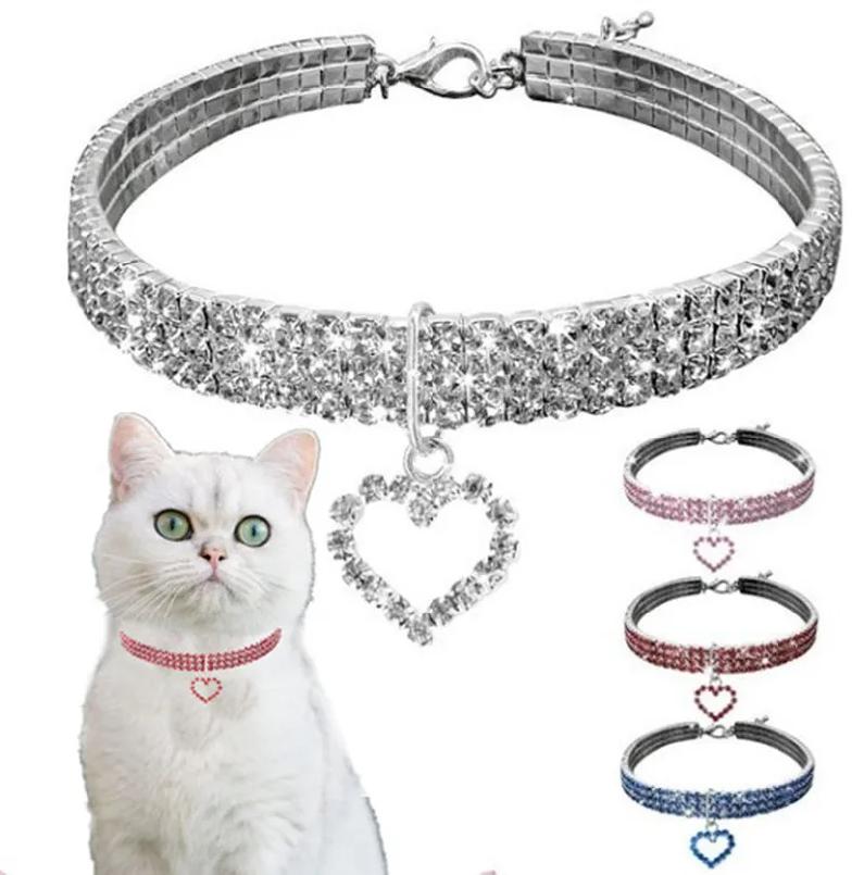 Neue Katze Hundehalsband Dreireihiges Elastisches Strass Haustierhalsbänder Liebesdekoration Halskette Welpe Kätzchen Ornament Haustierbedarf