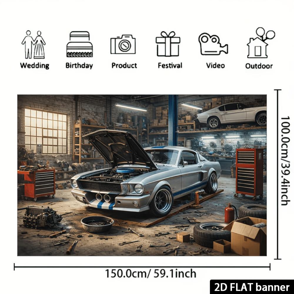 2D Ebene Retro Auto Reparaturwerkstatt Silber Sportwagen Hintergrundtuch - Klassische Muscle Car Wartungsszene Elemente, Polyester