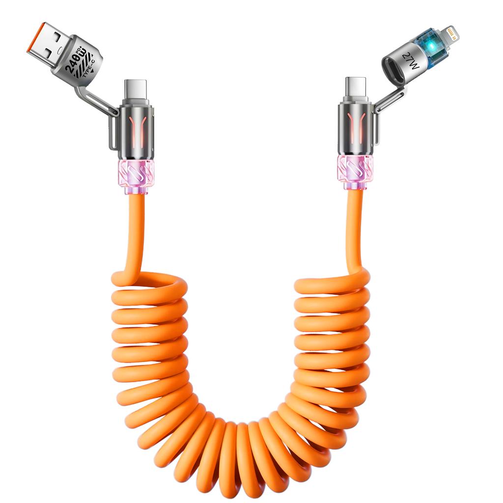 4 in 1 240W Spring Short Data Cable USB Type C Spring Telescopic Quick Charger Wire Spring USB Cable for iPhone 15 14 13 12