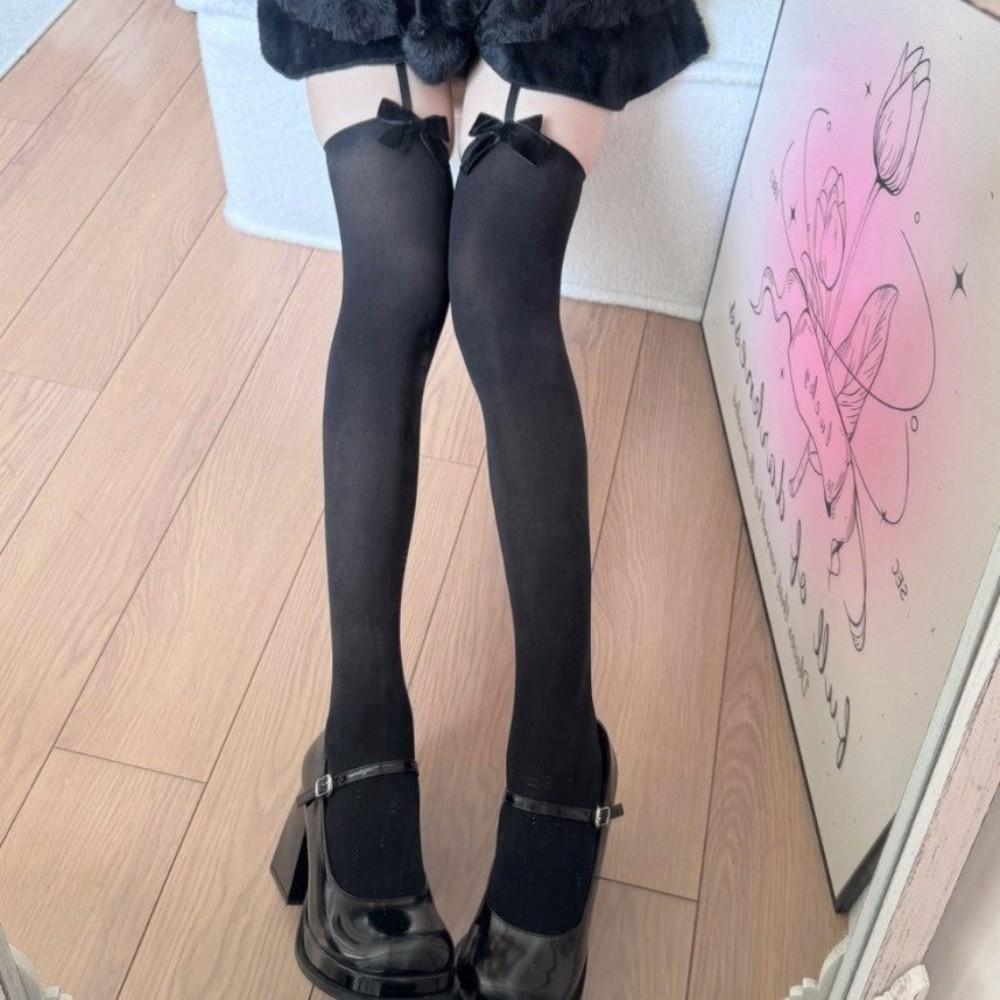 Elastic Thigh High Stockings Lolita Style Knee High Socks Sexy Bowknot Suspender Stockings  Women