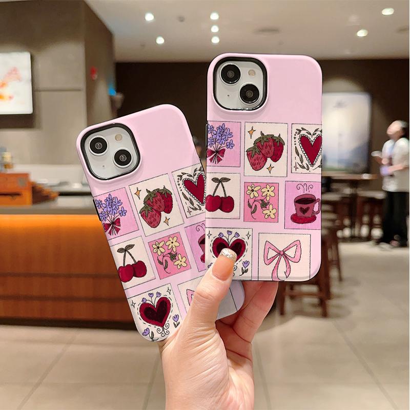 Pink Grid Collage Strawberry Cherry Heart Bow Floral Coffee Print Phone Case Coquette Cute Girly Vintage Shockproof Cover For All iphone Series