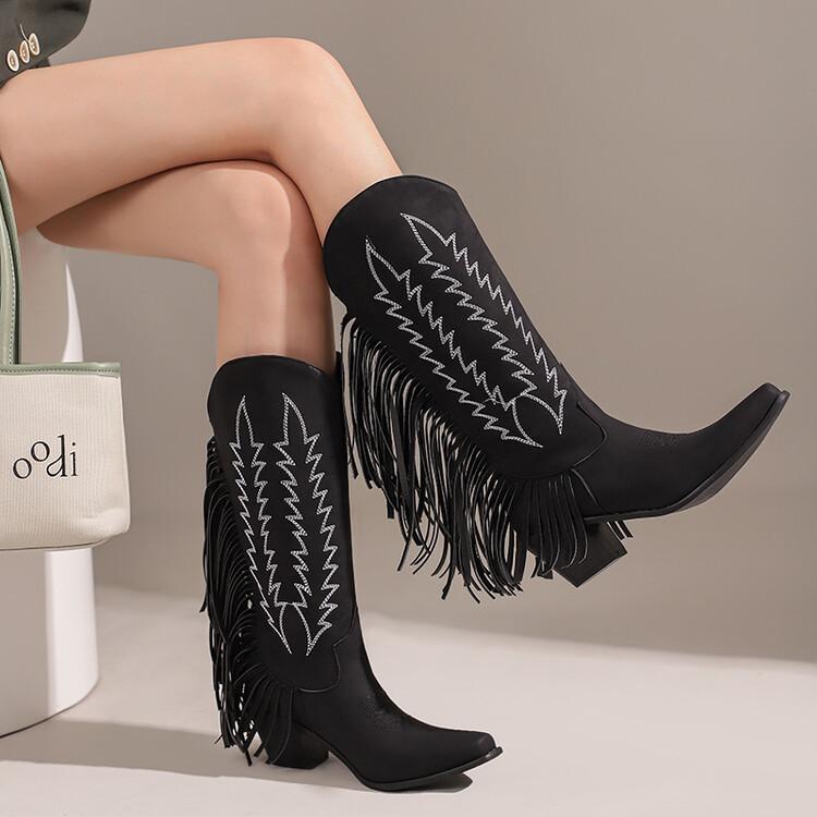 Autumn and winter retro style embroidered fringed boots pointed middle heel  tall fashion boots