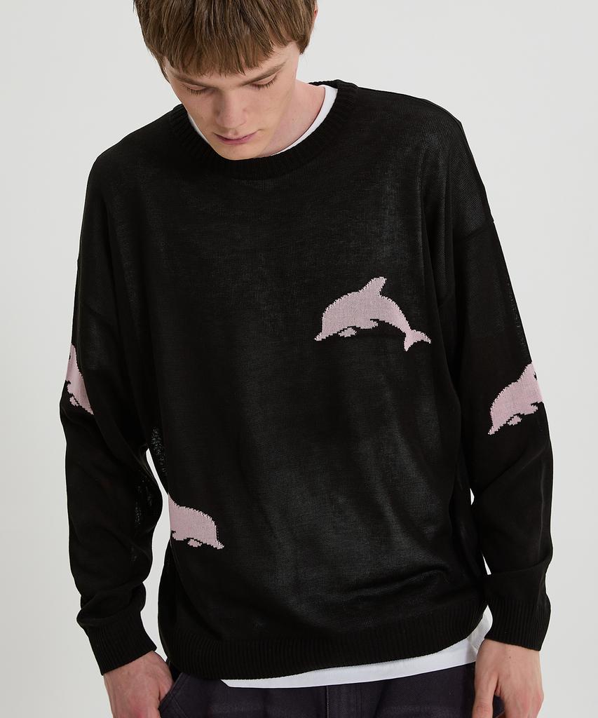 WAIKEI Dolphin See-Through Crew Neck Knit Black