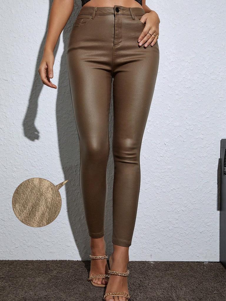 Rose Beauty A Winter Warm Women Pants High Waist Thermal Lined PU Leather Skinny Cropped Trousers