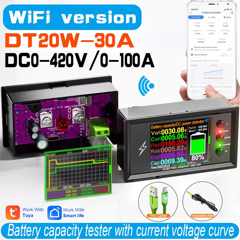 DC 0-420V Tuya WiFi Smart Lithium-Batteriekapazitäts-Erkennungstester DC Digitalanzeige Strom Spannung Coulomb Leistungsmesser DT20W