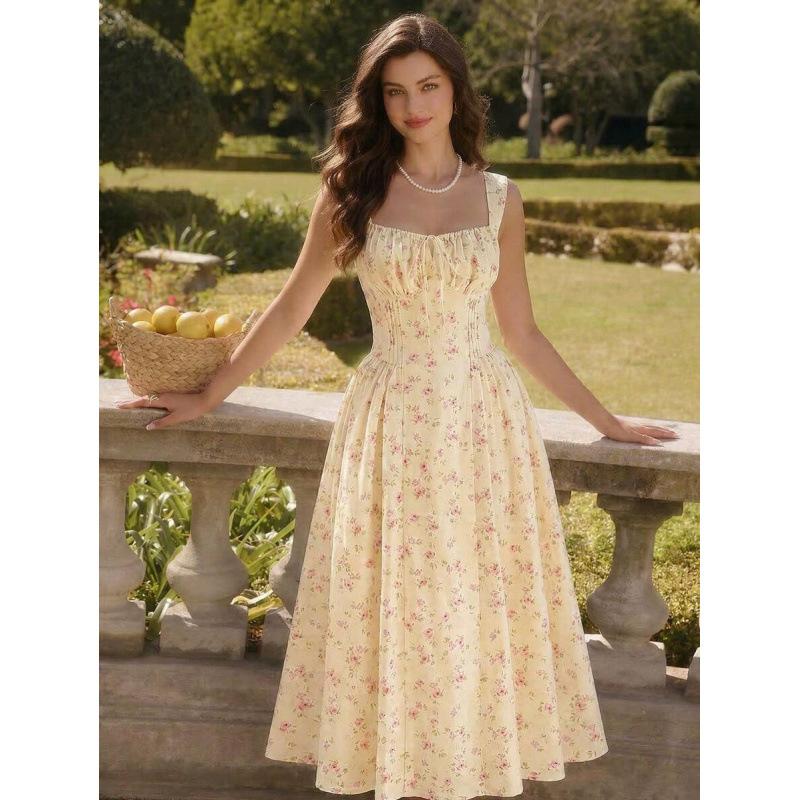 European and American summer retro pastoral style elegant floral pleated lace-up casual vacation dress women S