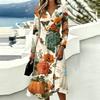 Women's Stylish Halloween Print Long Sleeve V-Neck Casual Dress with Pockets