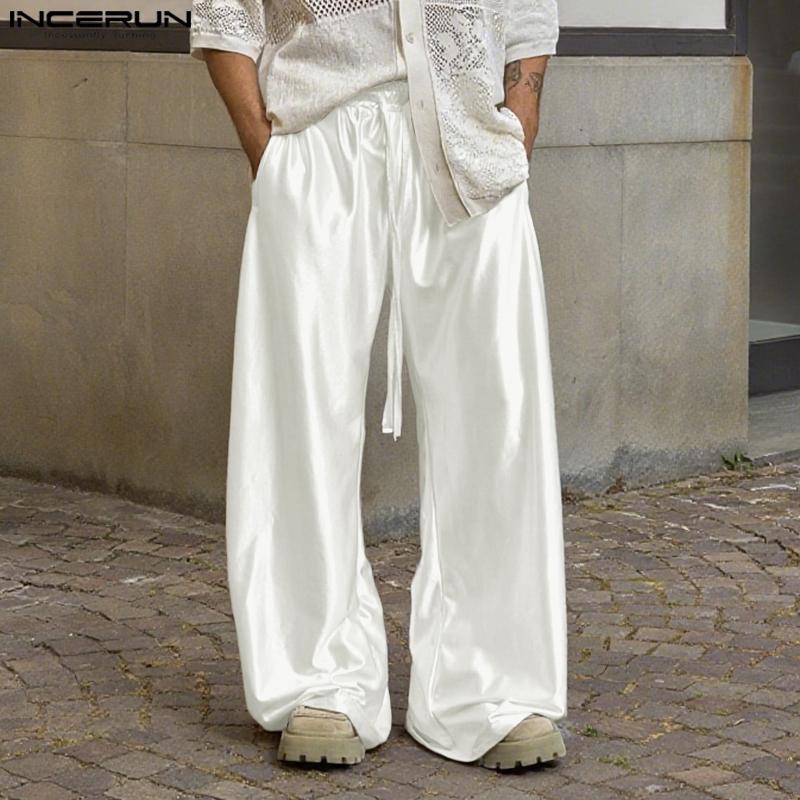 INCERUN Men's Elastic Waist Smooth Shiny Long Wide Legs Pants Trousers and White Semi-Sheer