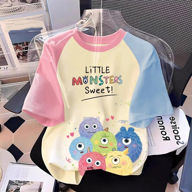 

Футболка с графическим принтом мультяшного эльфа-монстра для девочки, летняя женская повседневная одежда для улицы, детская футболка с коротким рукавом 100