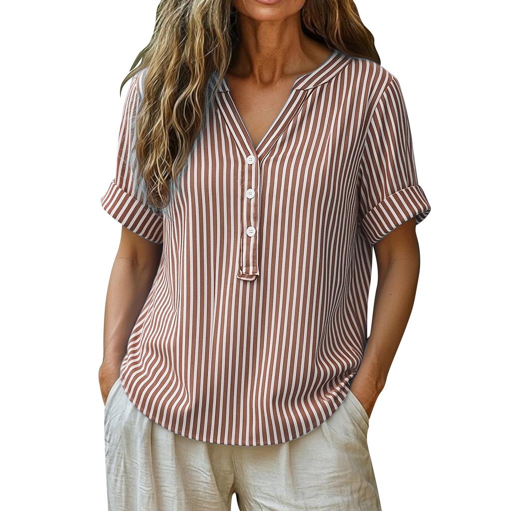 Chemise rayée élégante à boutons en coton et lin pour femme, idéale pour l'été.