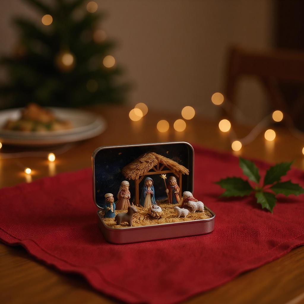 Miniature Nativity Set in Tin Box Desk Christmas Decor Tabletop Religious Ornament for Church Groups Collectors School Classroom