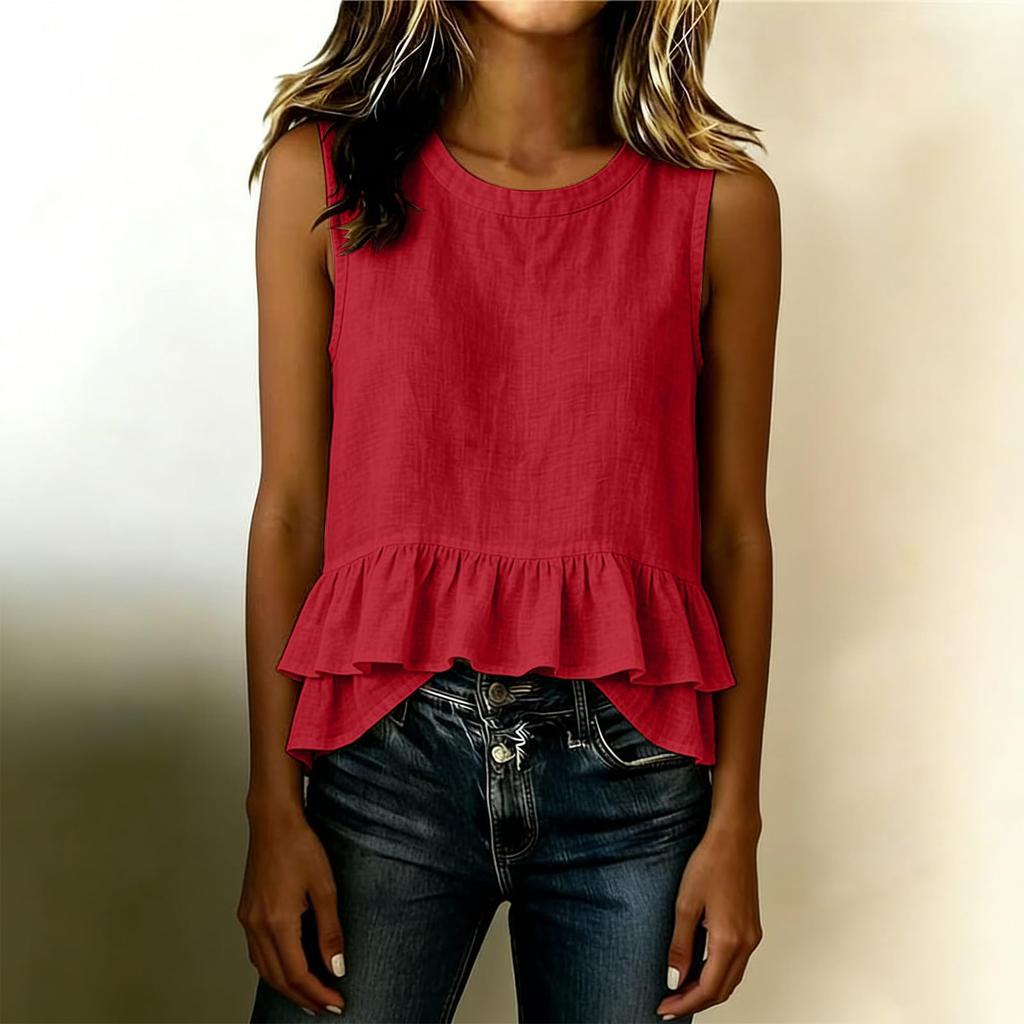 Women Sleeveless Linen Cotton Tank Top Casual Loose Fit Ruffle Hem Layered Blouse Round Neck Lightweight Summer Vest Shirt