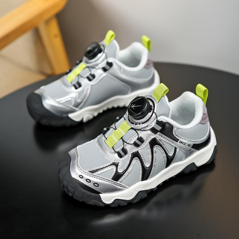 Plush Lined Kids Trainers Dial Cord Lock Wavy Side Panel Round Toe Winter Everyday Shoes 28-40