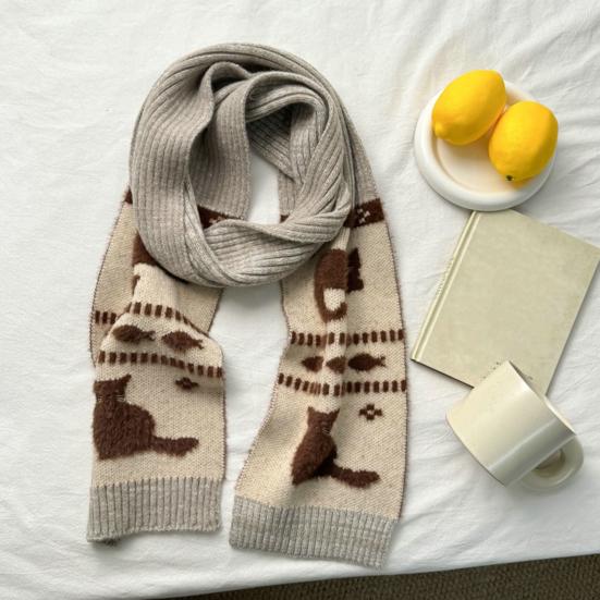 Women Scarf Cartoon Cat Design Arctic Fleece Warm Soft Universal Size Long Scarf Casual Clothing Accessory