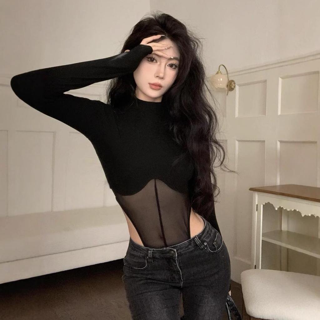 Pikantne Seksowne Siateczkowe Wstawki Slim Fit Body z Długim Rękawem