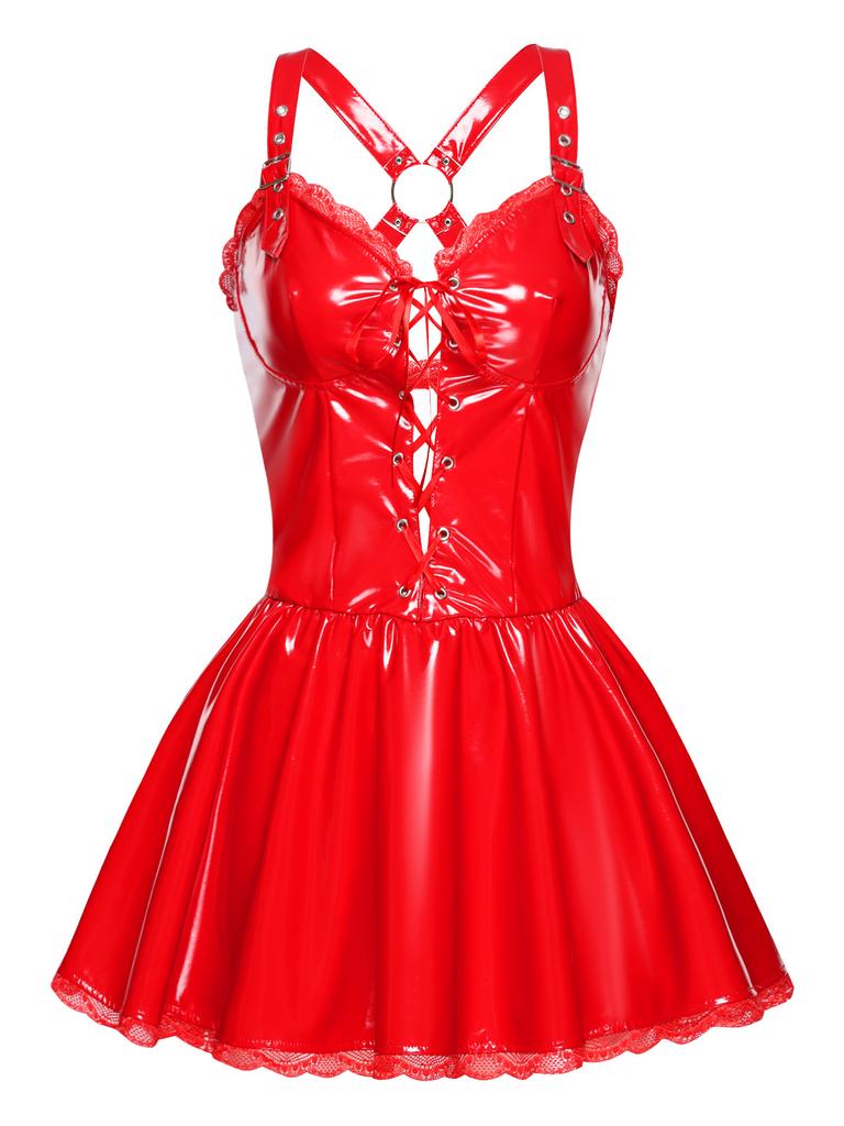 Womens Glossy PU Dress Front Lace Up Cross Back Adjustable Straps Floral Lace Trim A-Line Clubwear