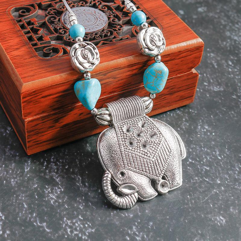 Cartoon Animal Elephant Pendant Retro Ethnic Style Turquoise Clavicle Necklace