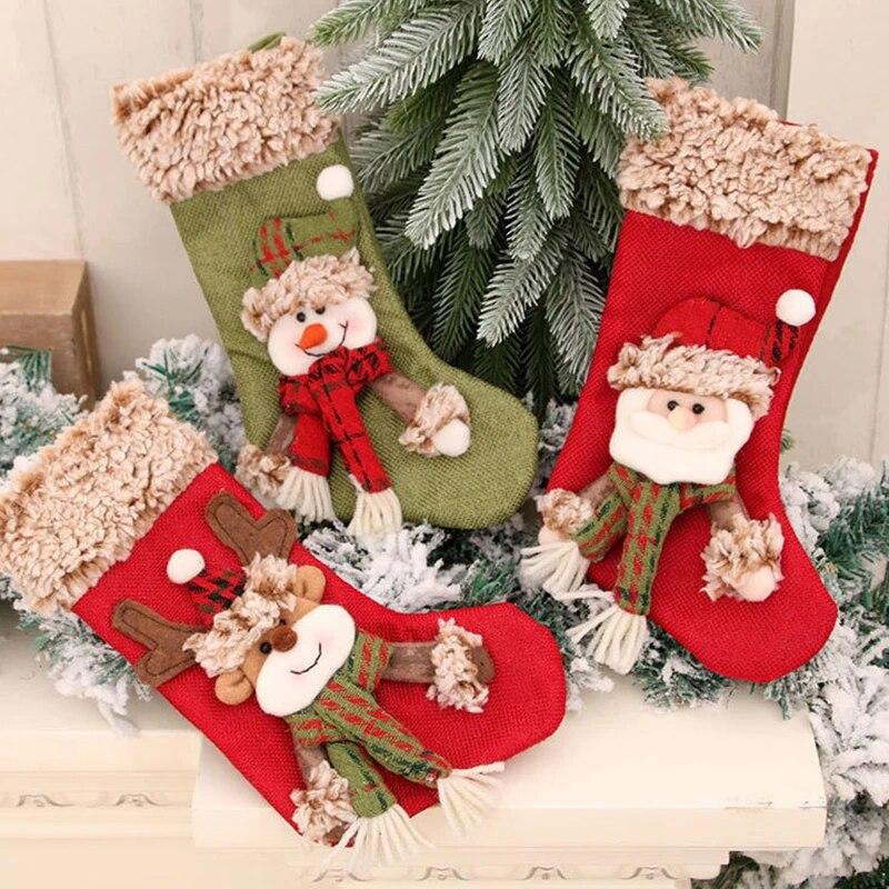 Christmas Socking Elk Bear Snowman Plush Candy Gift Bag Fireplace Xmas Tree Hanging Ornaments for New Year Party Home Decor Gift