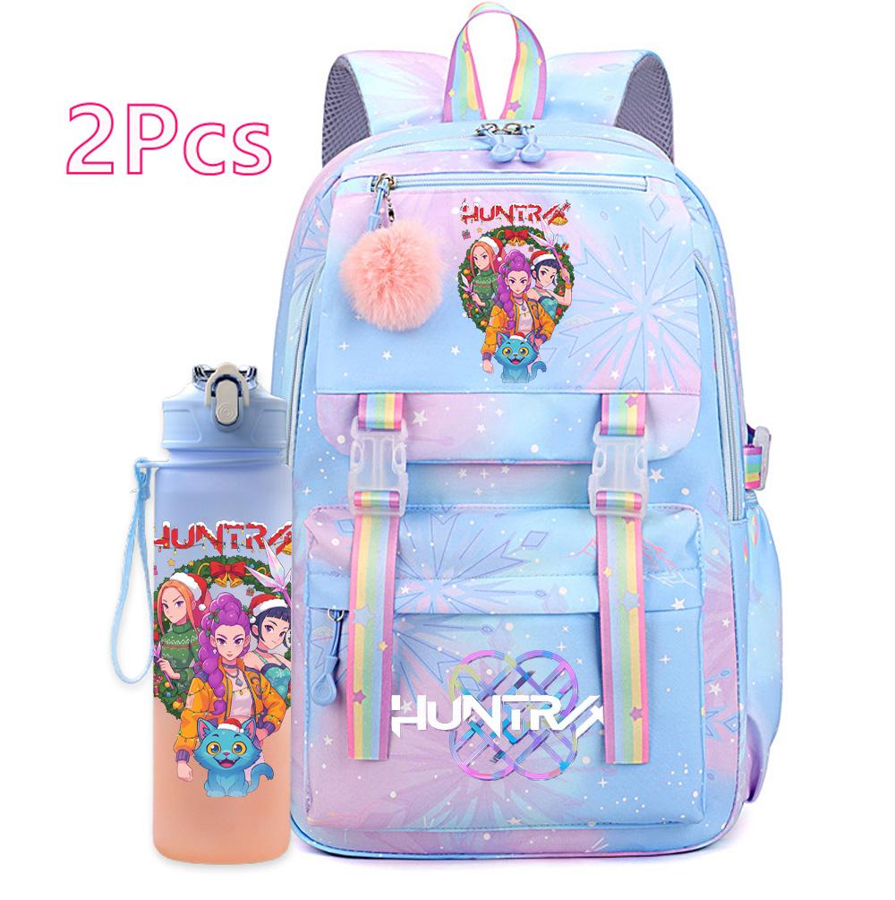 2Pcs/set Christmas K-pop Printed Backpack with 750Ml Water Bottler Large Capacity Travel Bag for Teenager Girl Boy Bookbag Kid Gift Large Capacity Bag