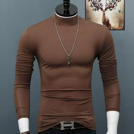 

Men s High Neck Solid Color Long Sleeve T-shirt, Spring Autumn Base Layer, Korean Style Pullover Sweater XXXL кавовий