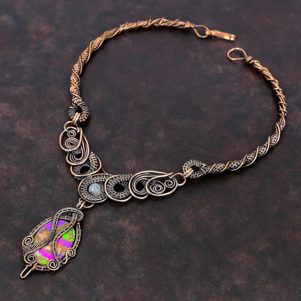 Fiesta Kingman Turquoise Necklace Copper Wire Wrapped Gemstone Necklace Multi Copper Turquoise Necklace Handmade Rainbow Moonstone Jewelry
