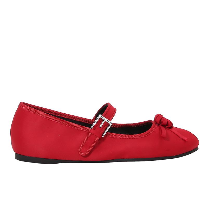 Fashion High Quality Satin Red Ballet Flats Women Elegant Bow Narrow Buckle Design Brand Mary Jane Shoes Concise Lightweight Casual Shoe