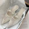 French bow mesh breathable with skirt bag head half slippers women's shoes 2025 spring and summer pointed high heels