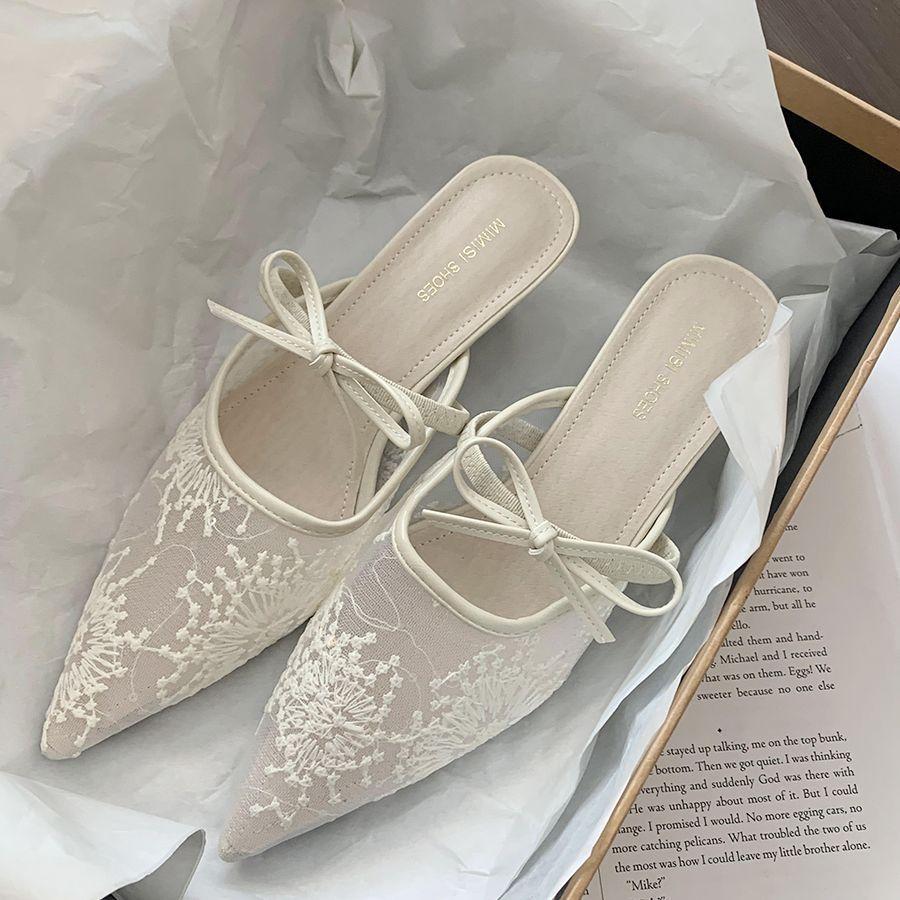 French bow mesh breathable with skirt bag head half slippers women's shoes 2025 spring and summer pointed high heels