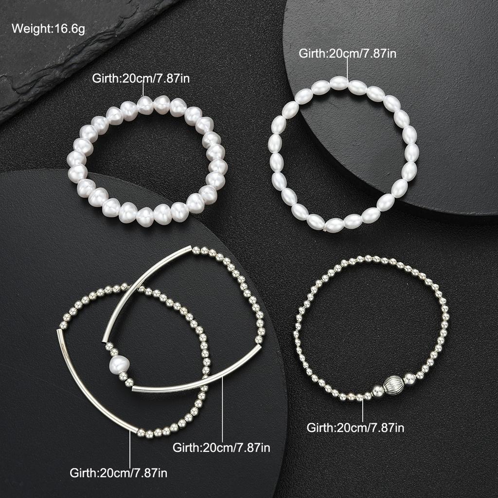 5pcs Simple Beaded Pearl Design Bracelet Set For Women Vintage Silver Color Charm Bangles Holiday Date Daily Party Jewelry Gifts