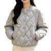European knitted splicing rhombus down jacket women's short new white duck down small round neck warm jacket