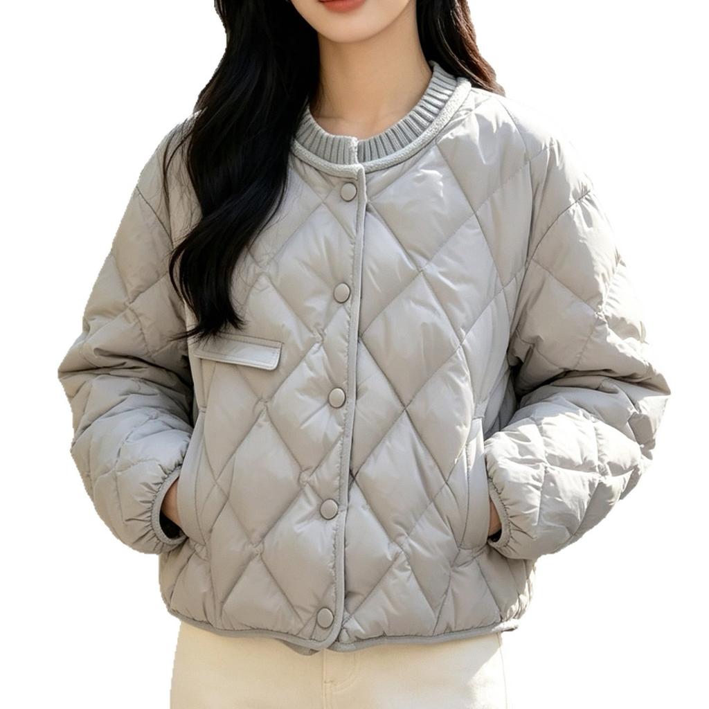 European knitted splicing rhombus down jacket women's short new white duck down small round neck warm jacket