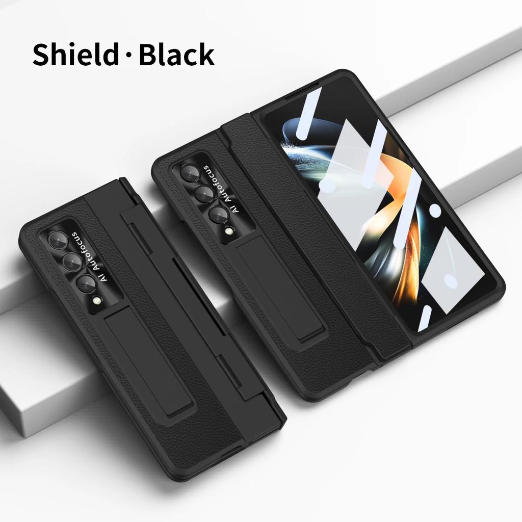 Plattande Gångjärn Enkelt Läder Fäste Fodral För Samsung Galaxy Z Fold 6 5 4 3 Med Härdat Glas Z Fold5 Fold6 Skyddsskal