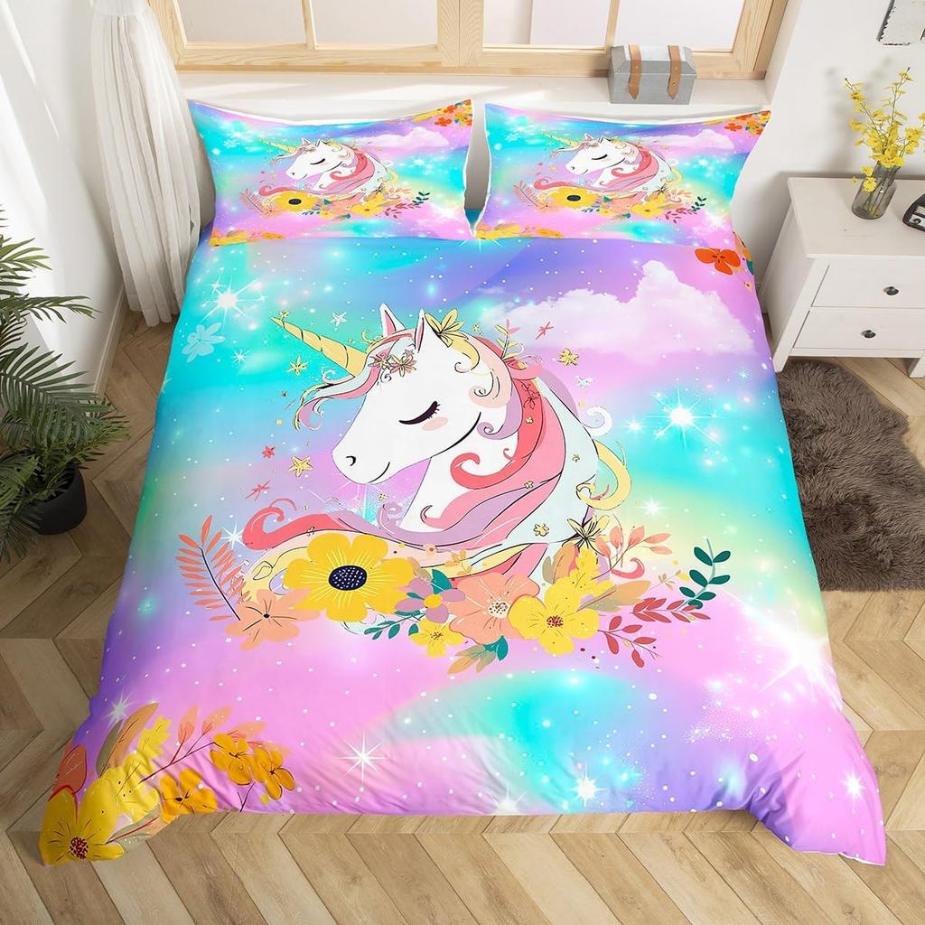 Children Kids Unicorn Soft Duvet Cover Single Quen King, Adorable Lovely Cat Carton Warm Comforter Cover featuring 2 Pilowcase Fish Scale Beding Set