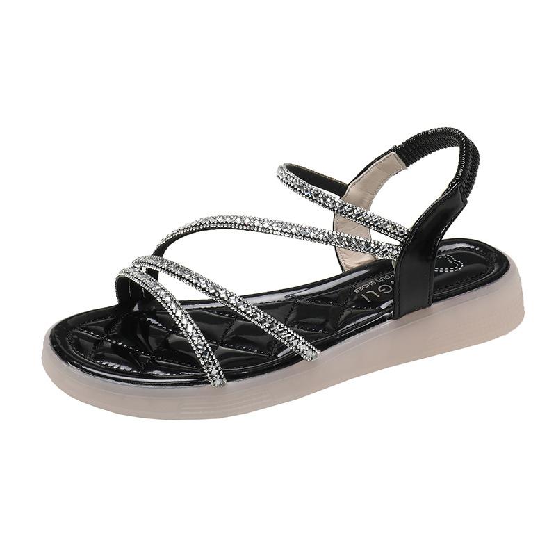 

Босоножки на плоской подошве Женские со стразами Удобные сандалии для женщин Лето Новинка 2025 Без каблука Элегантная римская мода 39 чёрный