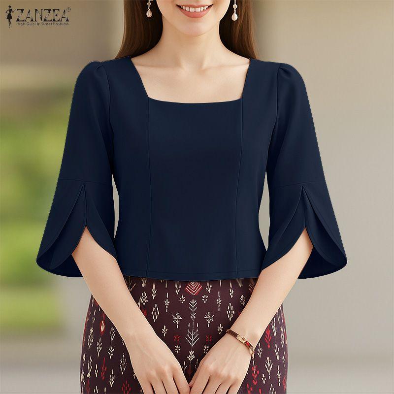 ZANZEA Women Square Collar Summer Casual 3/4 Sleeve Elegant Blouse
