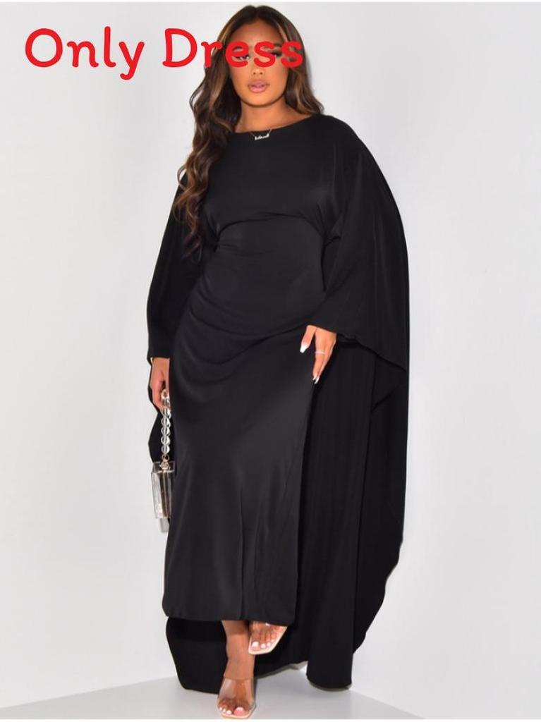 Elegant Terylene Long Dress With Round Neck And Flared Sleeves For Spring Women