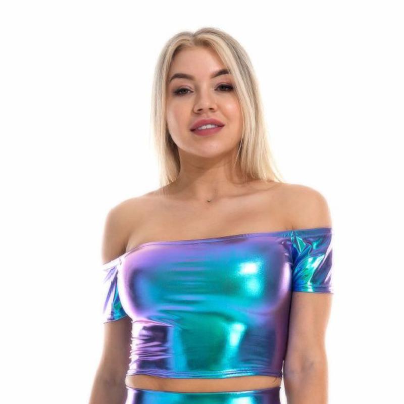 

Женские рубашки больших размеров с коротким рукавом металлического лазерного цвета, укороченные топы с вырезом лодочкой, клубная одежда, уличная одежда XXL синий