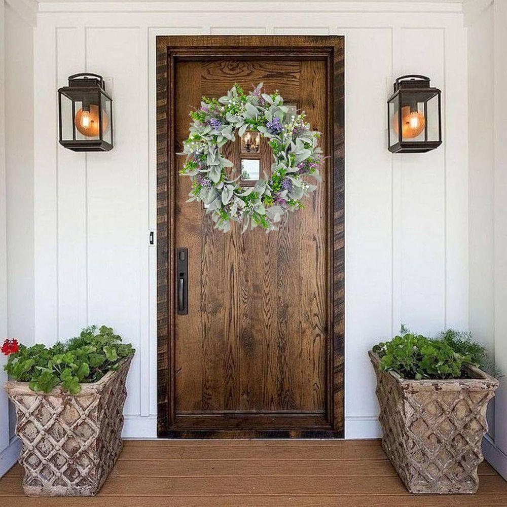 Flocked Lambs Ear Lavender Wreath Lifelike Artificial Wreath Door Hanging Wreath  Indoor Outdoor