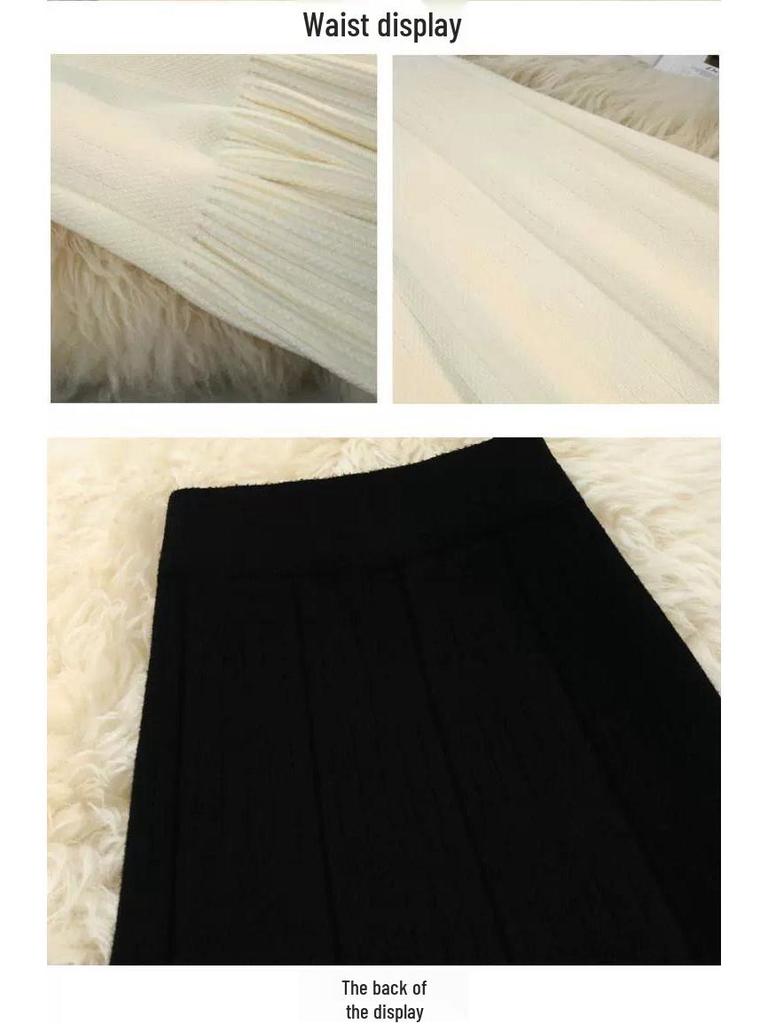 Women's High Waist Ruffle Knit Skirt - Retro A-line, Autumn/Winter, Slimming, Long Hem.