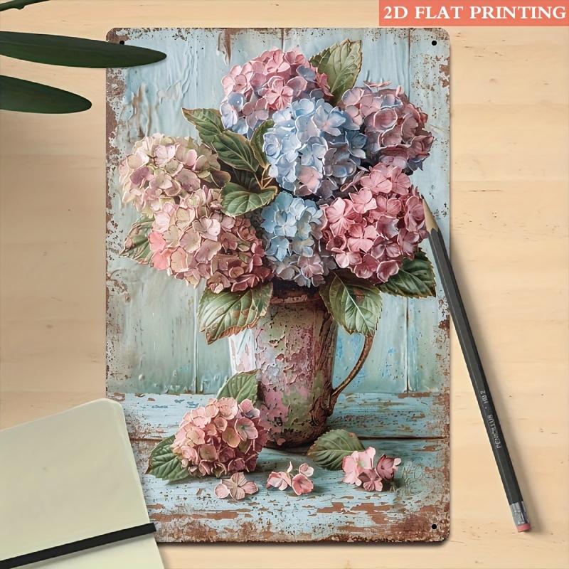2D Flat, 2D Flat H Hydrangea Metal Tin Sign, 8x12inch Suitable for Living Room, Garden, Spring Decoration and Floral Theme Home